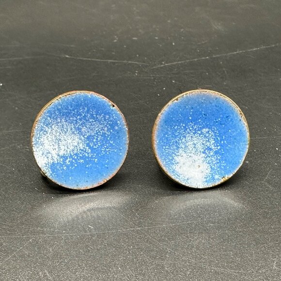 Vintage Screw Back Earrings Blue White Enamel On Copper Round AVM Celestial - Picture 2 of 9